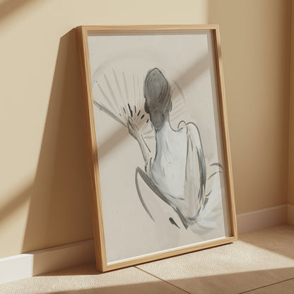 Premium Poster of Elegant Back View Painting of Woman with Fan Posters