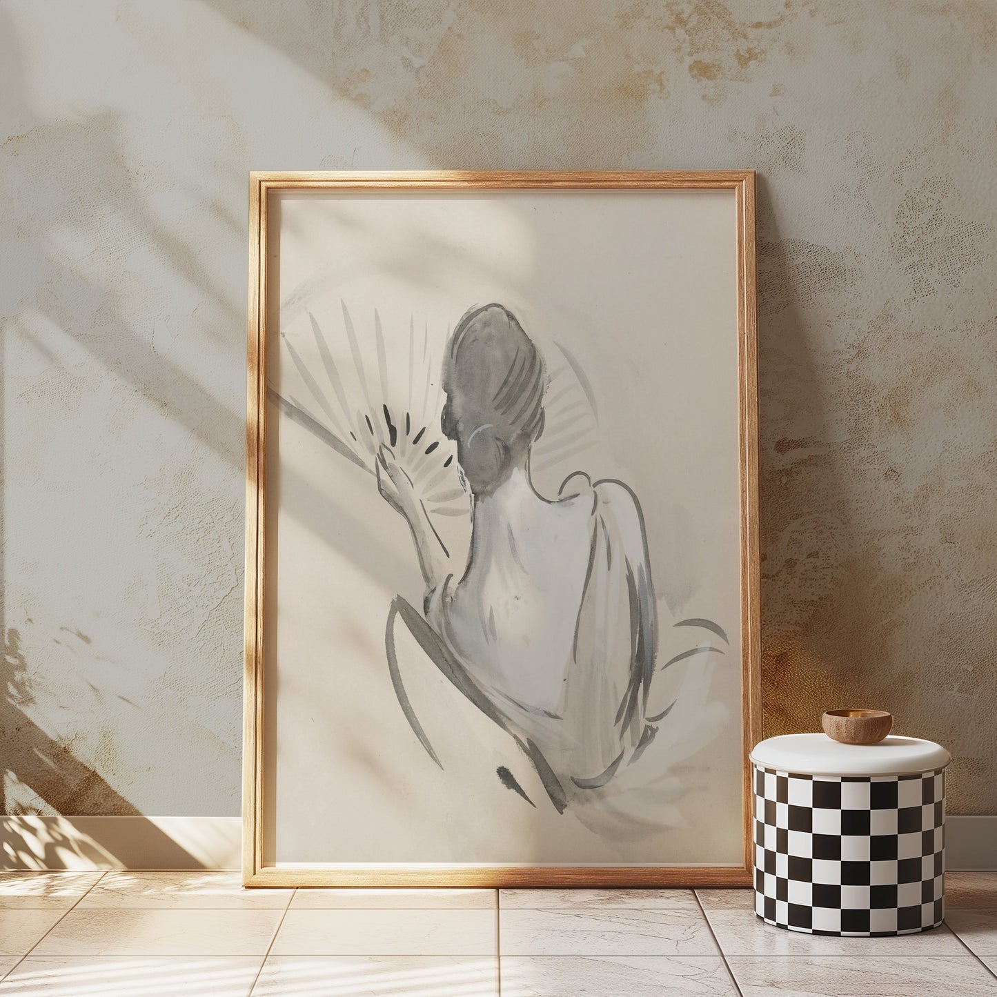 Premium Poster of Elegant Back View Painting of Woman with Fan Posters