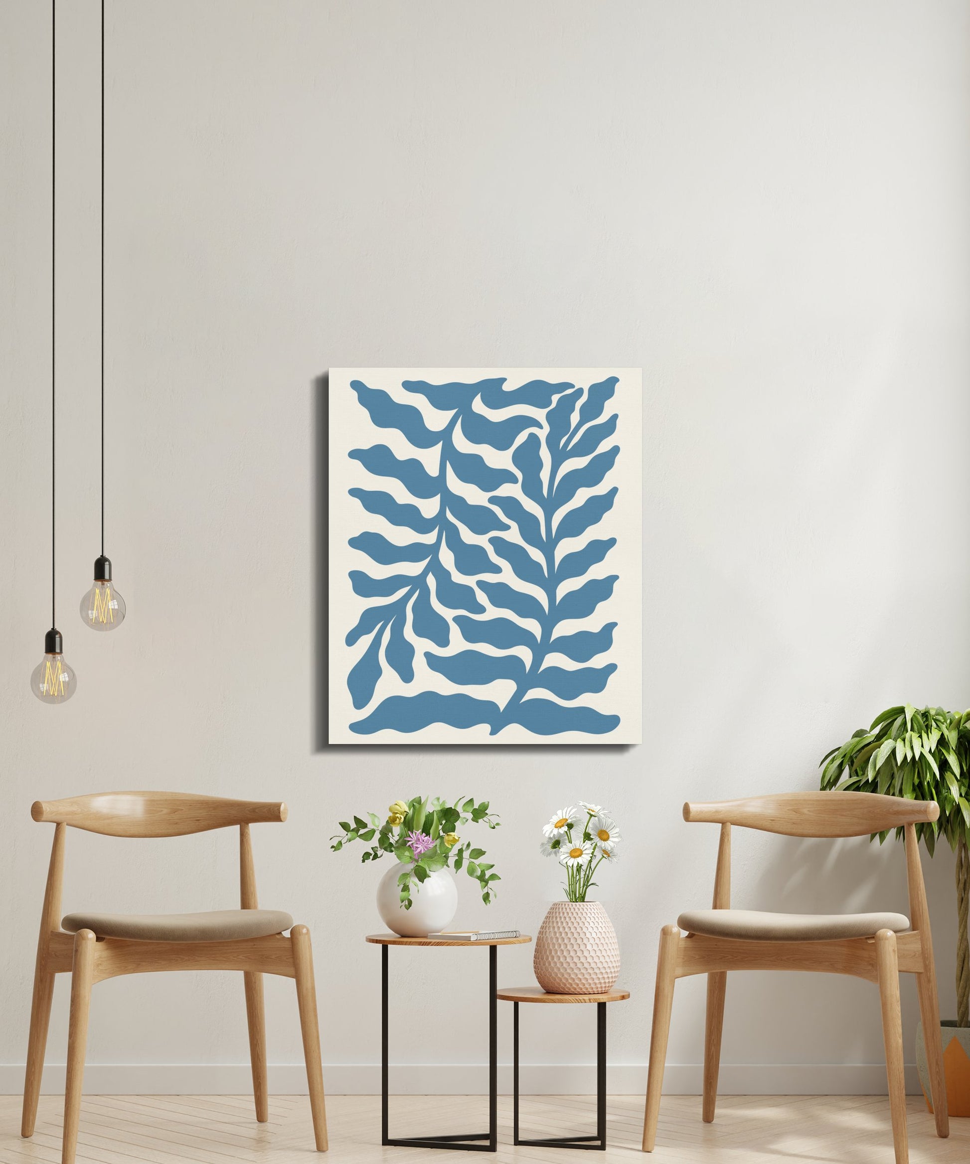 Premium Poster of Elegant Blue Leafy Pattern Floral Wall Art Canvas Wraps