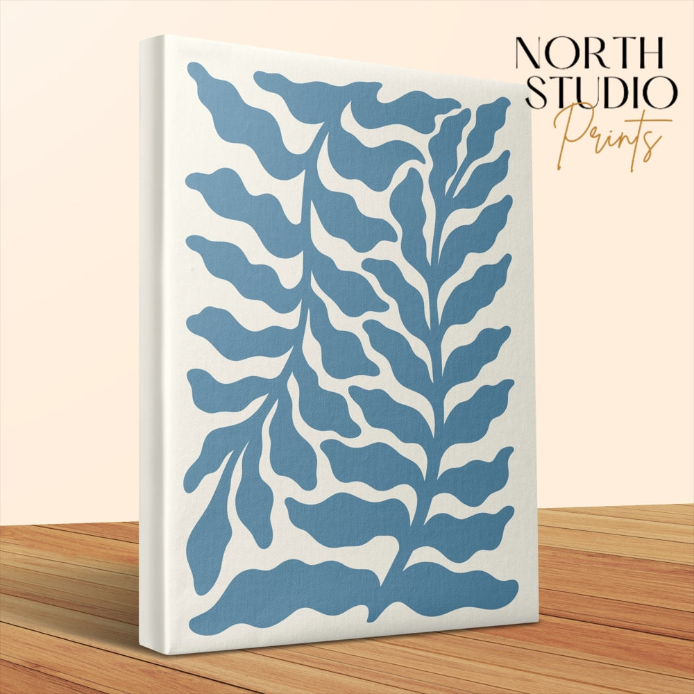 Premium Poster of Elegant Blue Leafy Pattern Floral Wall Art Canvas Wraps