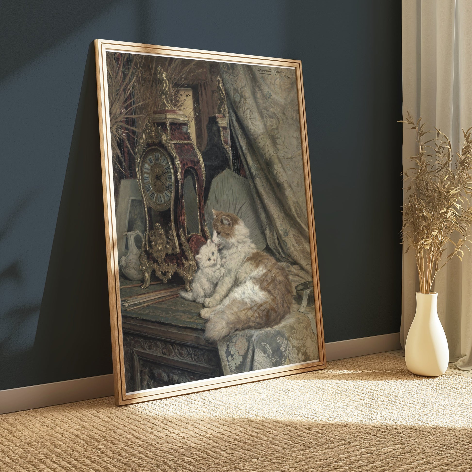 Premium Poster of Elegant Cats and Antique Clock Art Print Posters