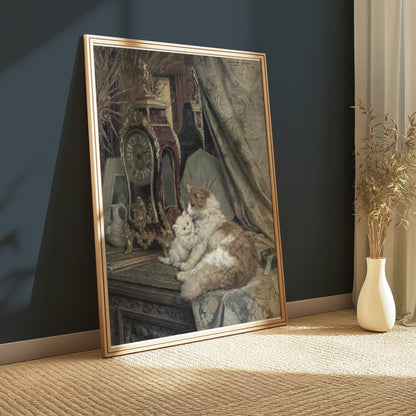 Premium Poster of Elegant Cats and Antique Clock Art Print Posters