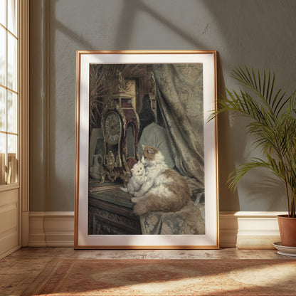 Premium Poster of Elegant Cats and Antique Clock Art Print Posters