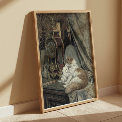 Premium Poster of Elegant Cats and Antique Clock Art Print Posters