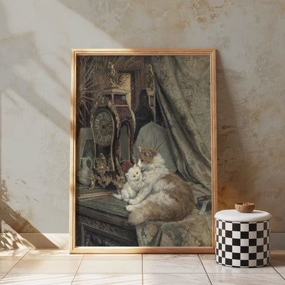 Premium Poster of Elegant Cats and Antique Clock Art Print Posters