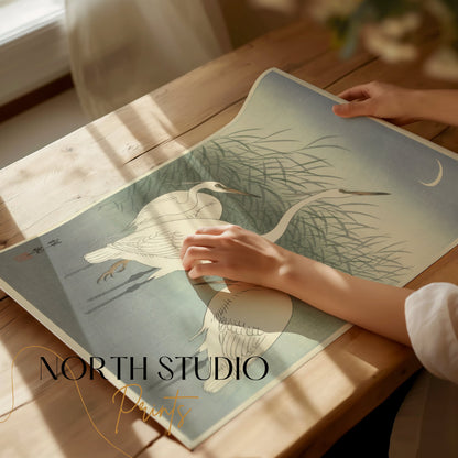 Premium Poster of Elegant Egrets under the Moonlit Sky Art Print Posters