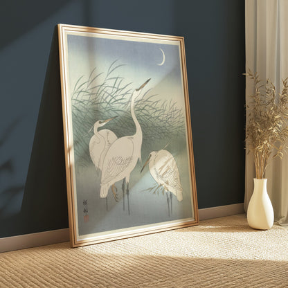 Premium Poster of Elegant Egrets under the Moonlit Sky Art Print Posters