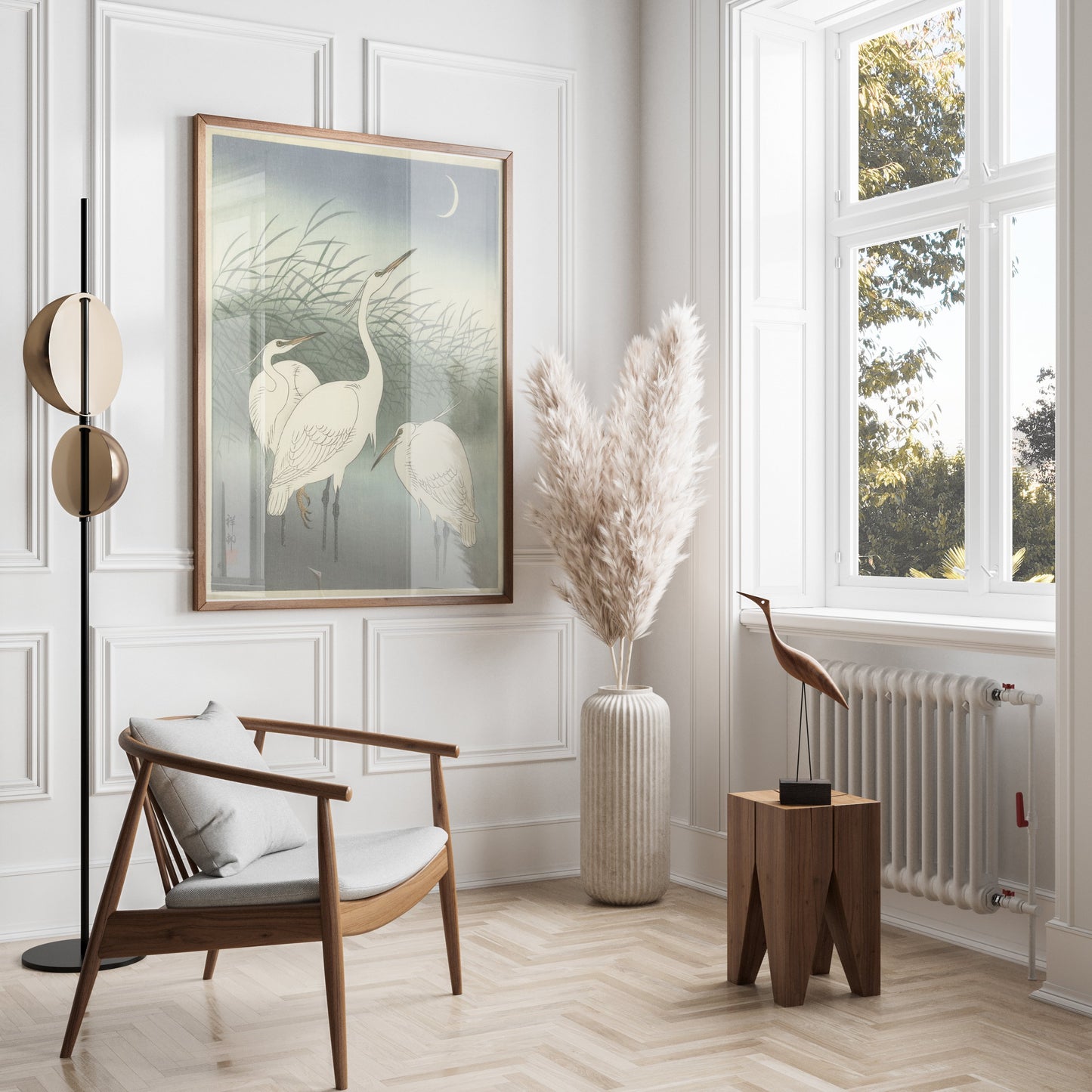 Premium Poster of Elegant Egrets under the Moonlit Sky Art Print Posters