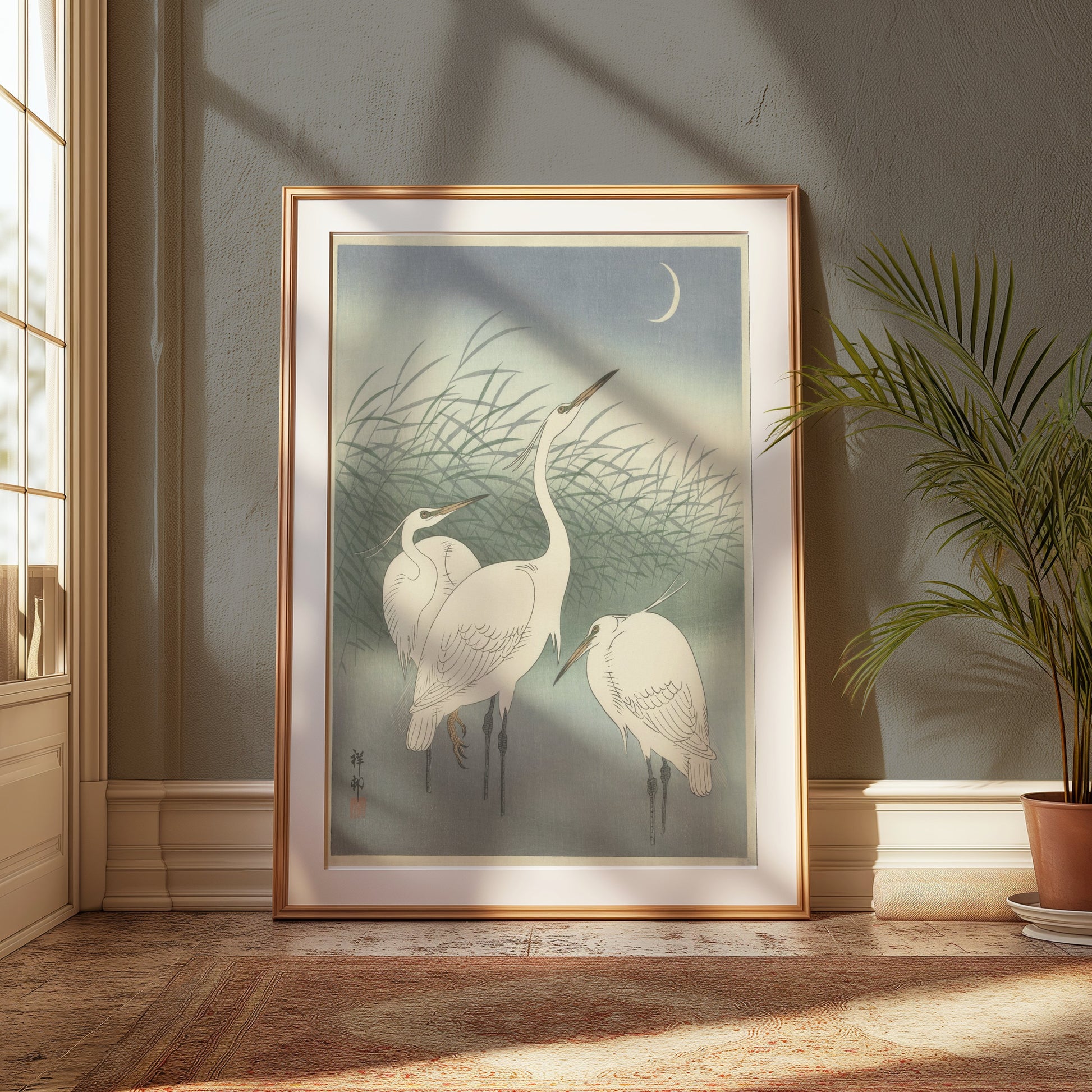 Premium Poster of Elegant Egrets under the Moonlit Sky Art Print Posters