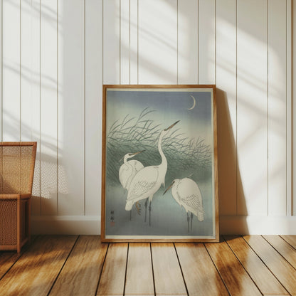 Premium Poster of Elegant Egrets under the Moonlit Sky Art Print Posters