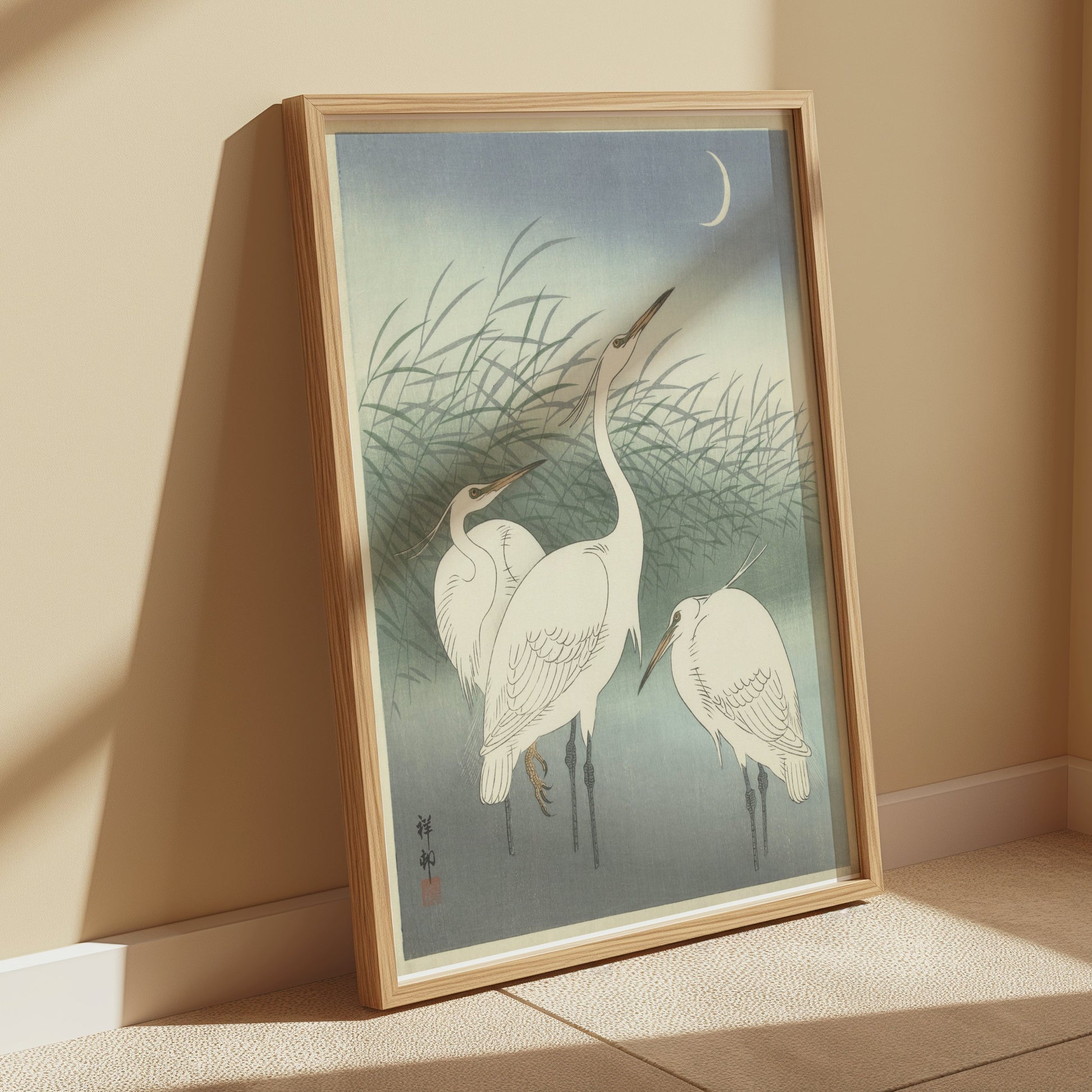 Premium Poster of Elegant Egrets under the Moonlit Sky Art Print Posters