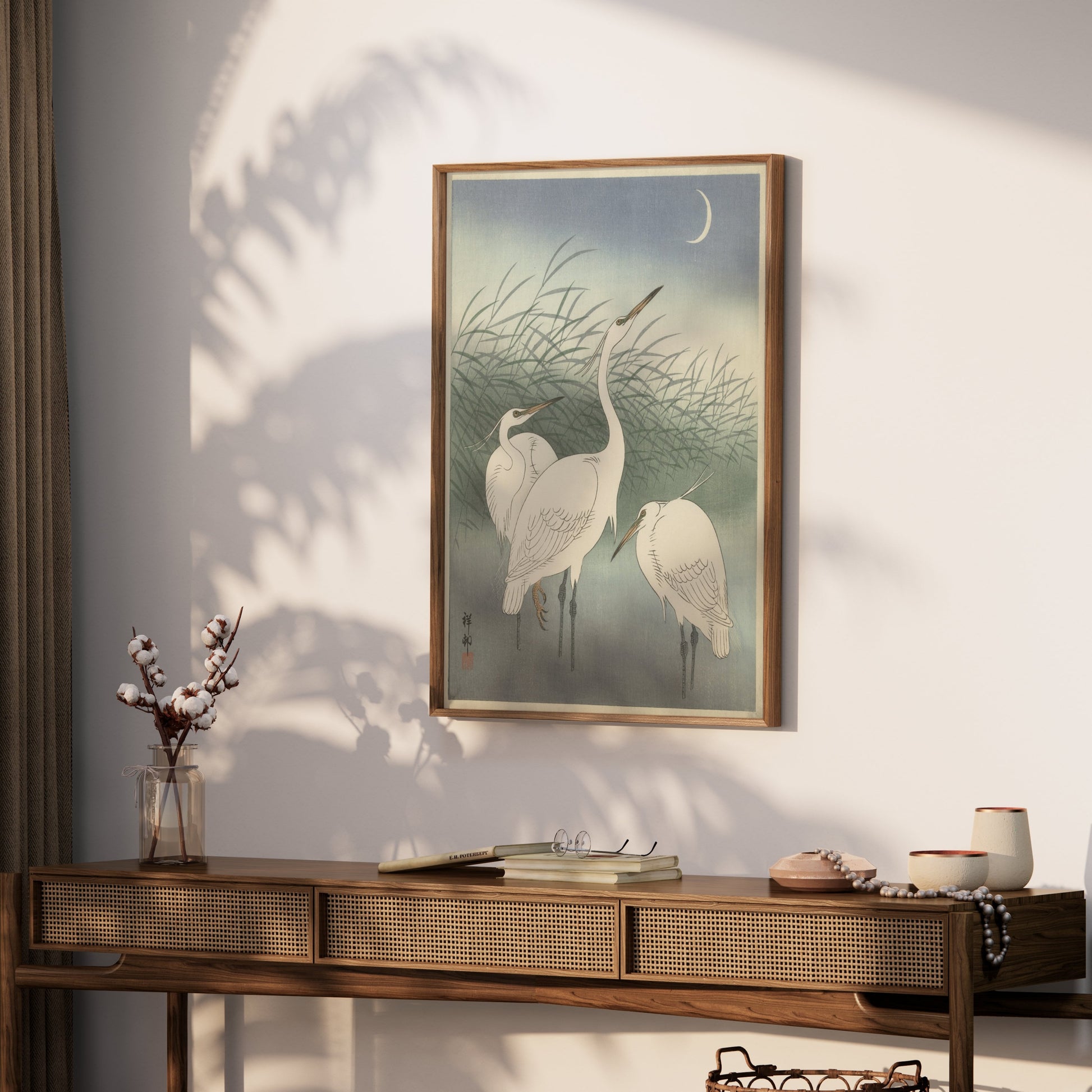 Premium Poster of Elegant Egrets under the Moonlit Sky Art Print Posters