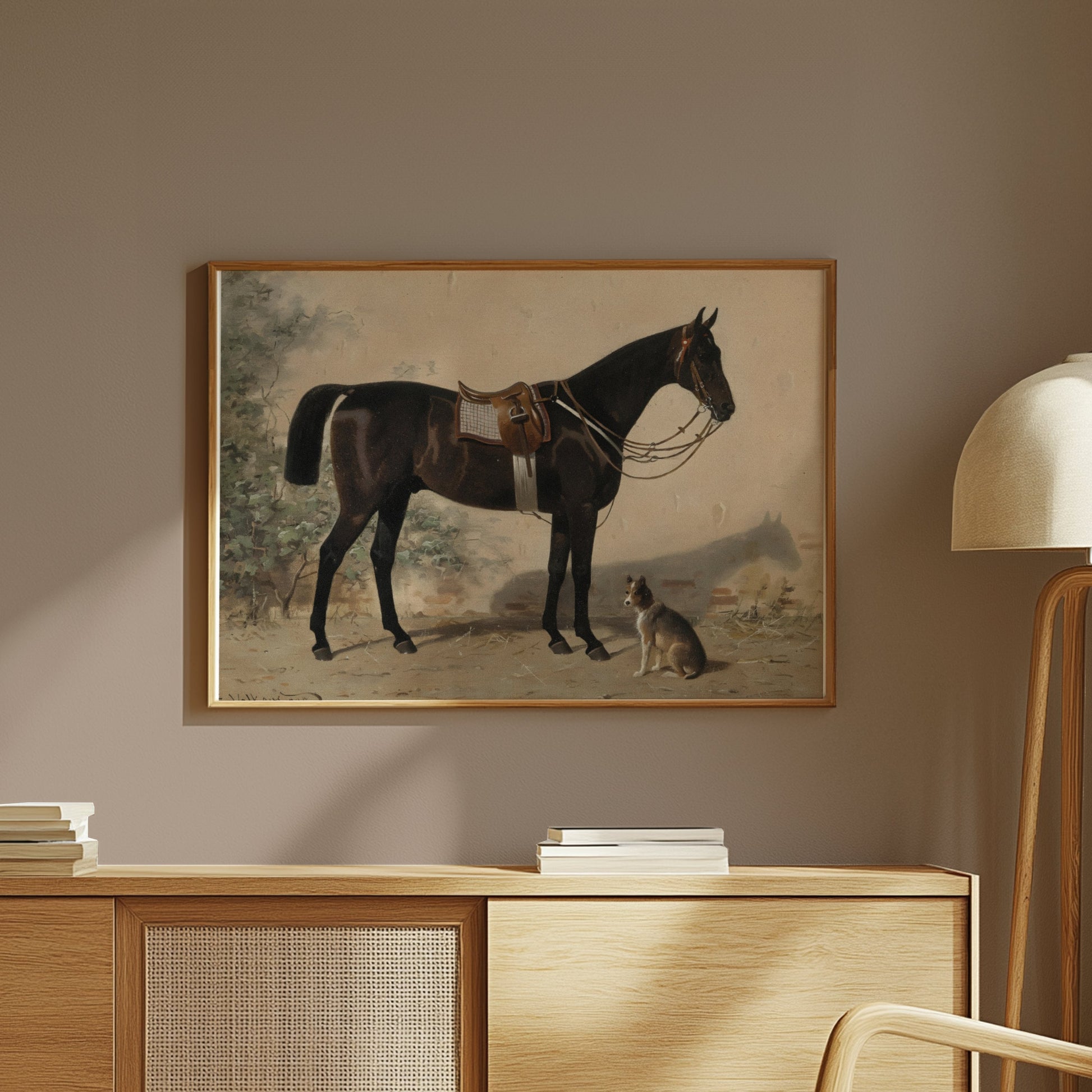 Premium Poster of Elegant Equestrian Scene with Dog Art Print Posters