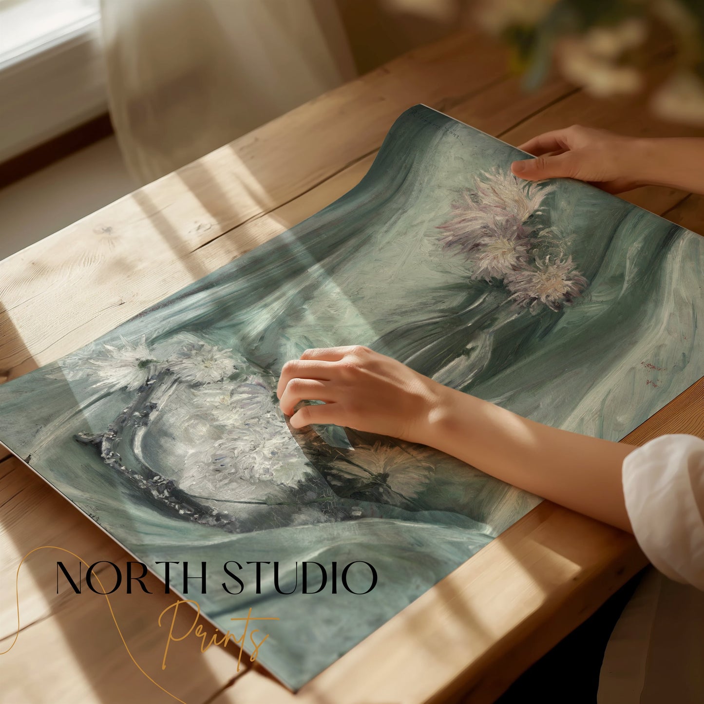Premium Poster of Elegant Floral Art with Soft Green Background Posters