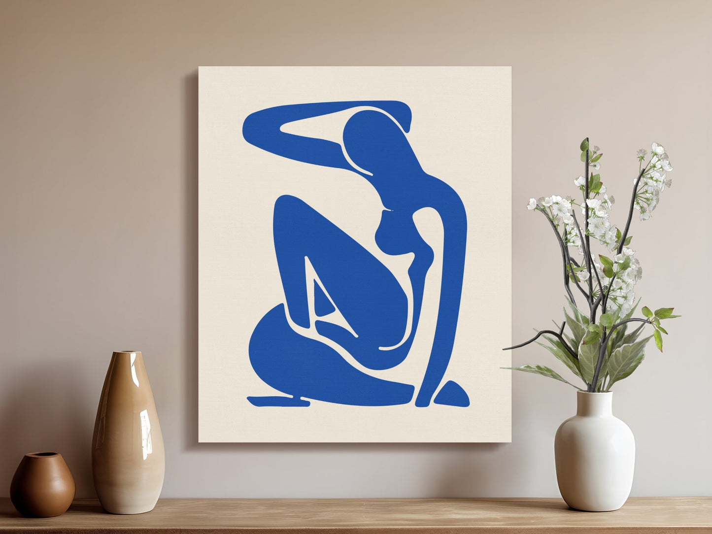 Elegant Henri Matisse inspired canvas wrap displayed in a neutral-toned living room with vases and flowers, ideal for home decor.