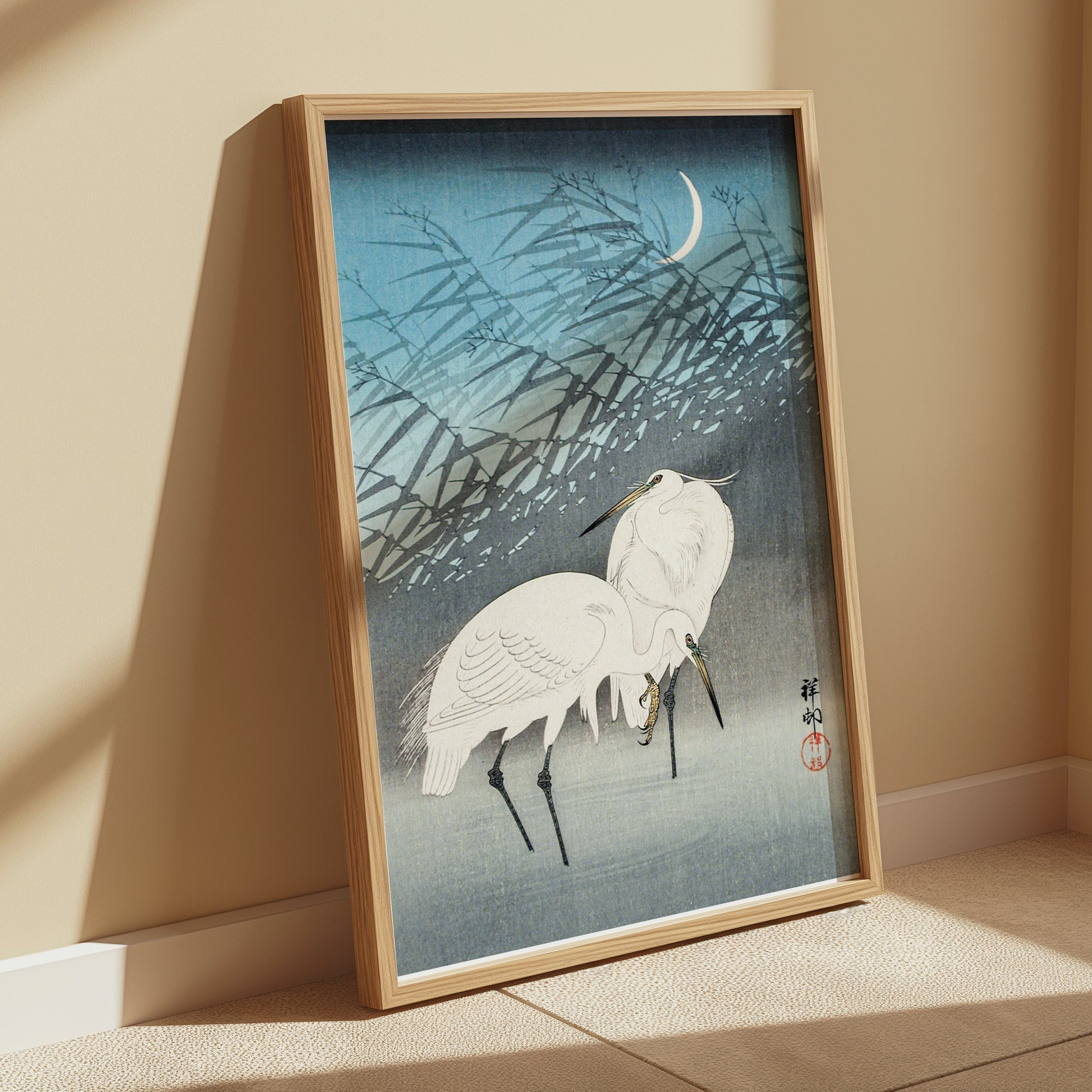 Premium Poster of Elegant Japanese Crane Crescent Moon Art Posters