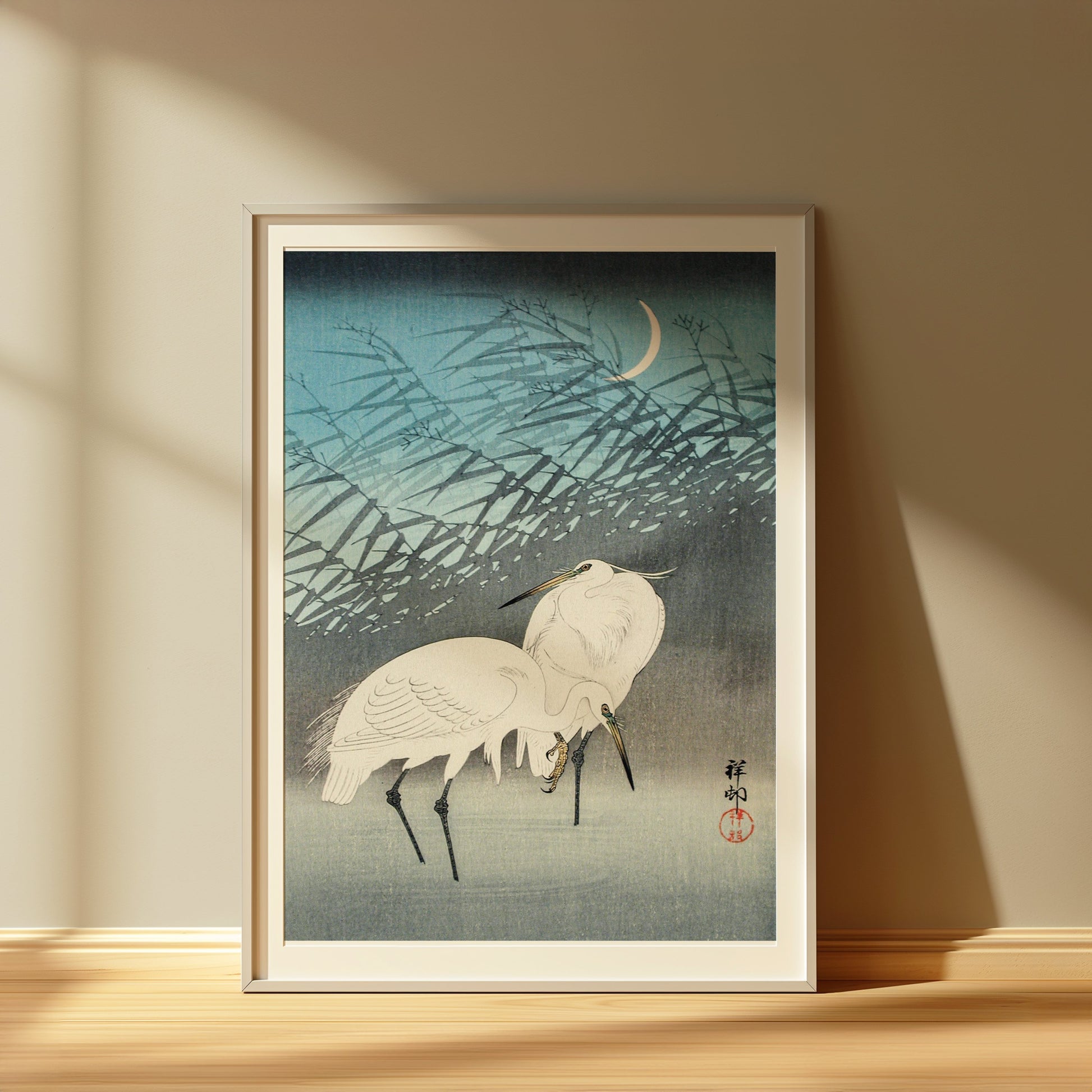 Premium Poster of Elegant Japanese Crane Crescent Moon Art Posters