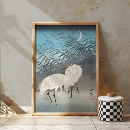 Premium Poster of Elegant Japanese Crane Crescent Moon Art Posters