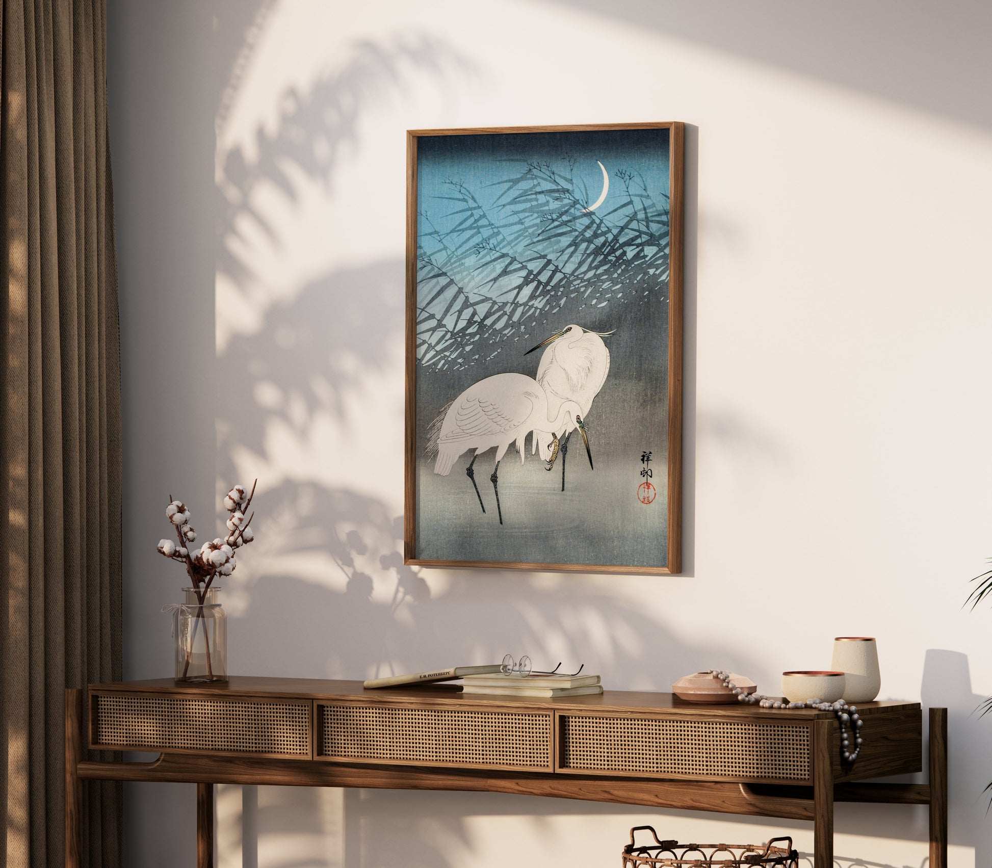 Premium Poster of Elegant Japanese Crane Crescent Moon Art Posters
