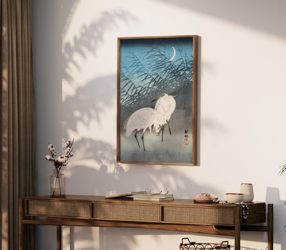Premium Poster of Elegant Japanese Crane Crescent Moon Art Posters