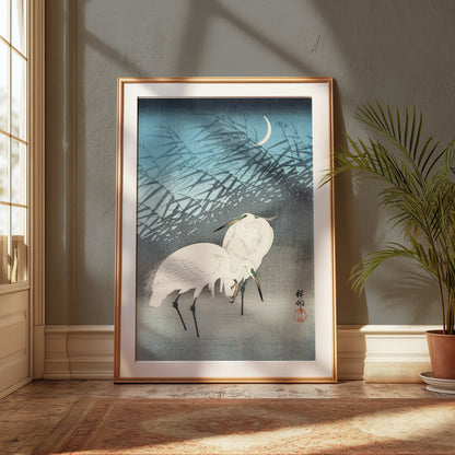 Premium Poster of Elegant Japanese Crane Crescent Moon Art Posters
