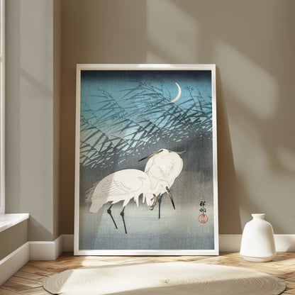 Premium Poster of Elegant Japanese Crane Crescent Moon Art Posters