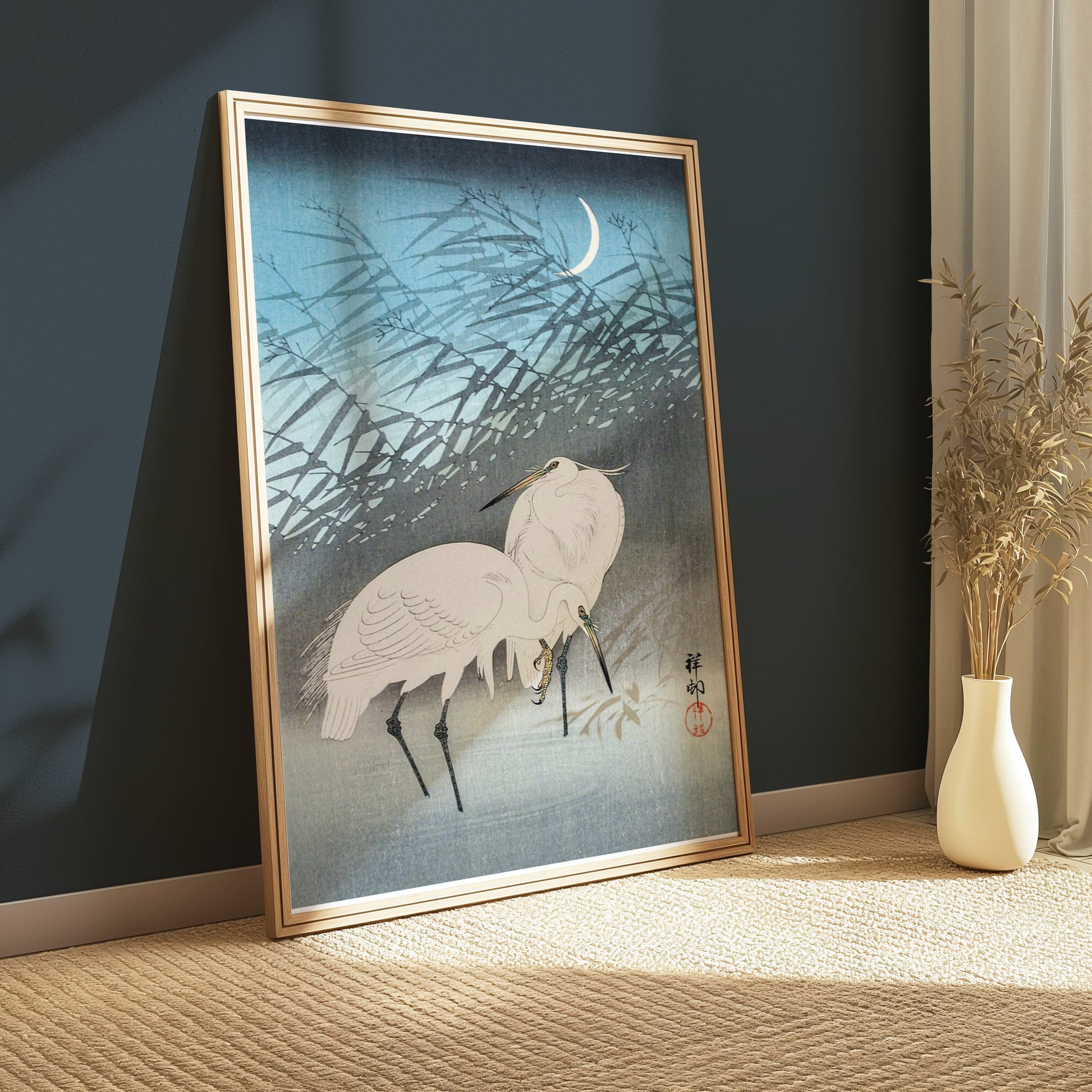 Premium Poster of Elegant Japanese Crane Crescent Moon Art Posters