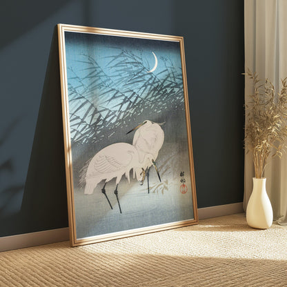 Premium Poster of Elegant Japanese Crane Crescent Moon Art Posters