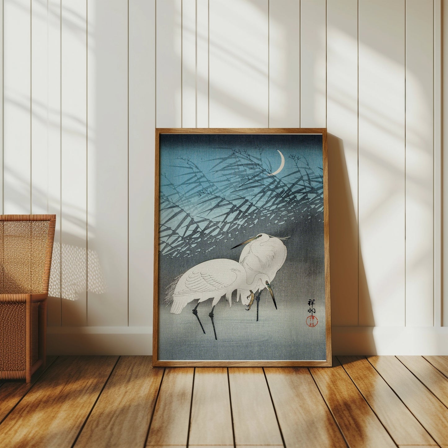 Premium Poster of Elegant Japanese Crane Crescent Moon Art Posters