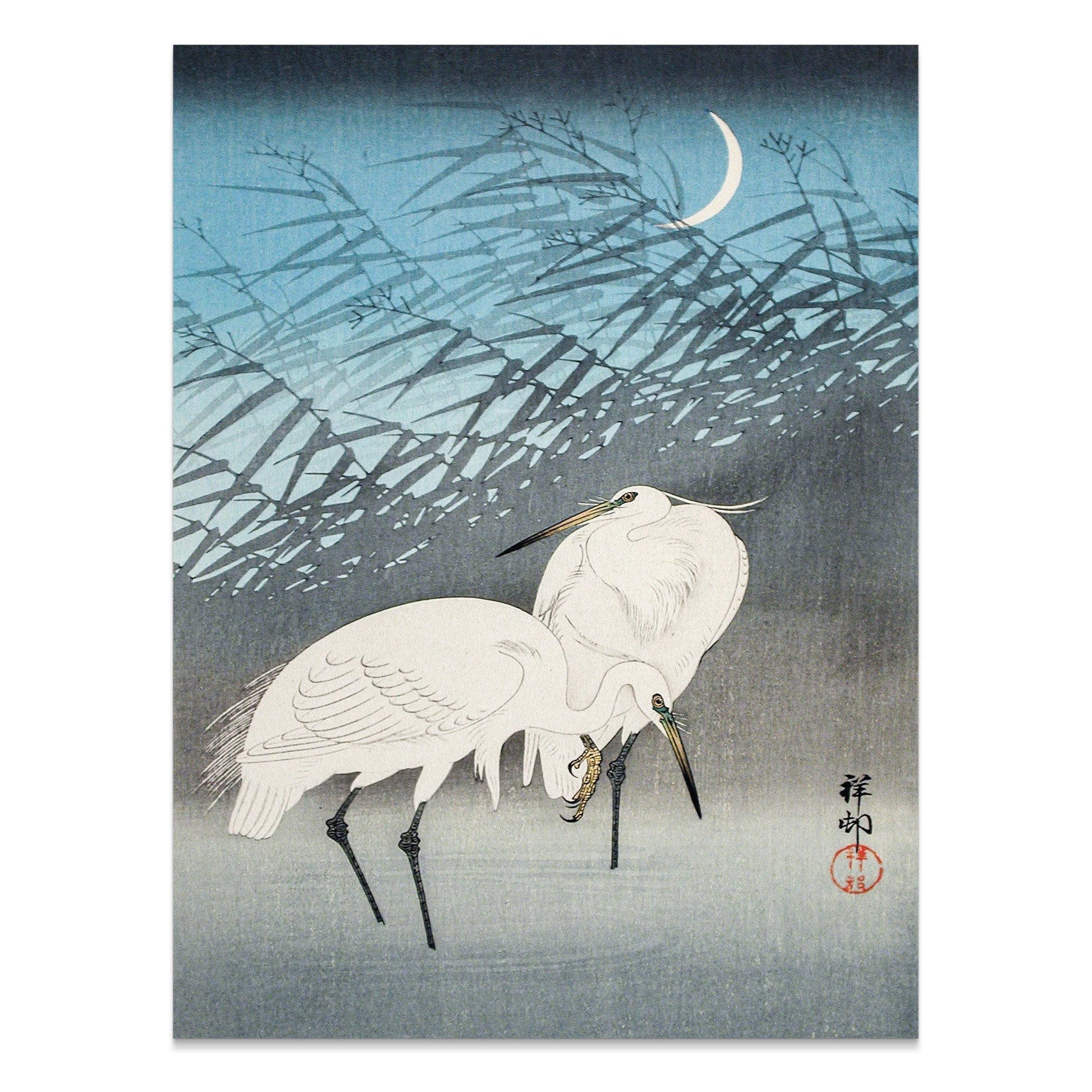 Premium Poster of Elegant Japanese Crane Crescent Moon Art Posters