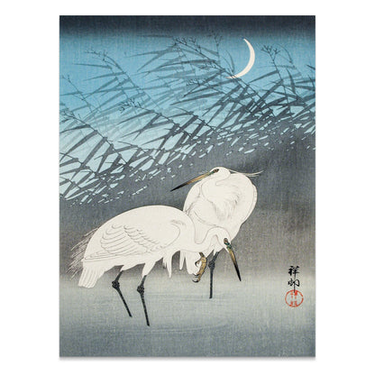 Premium Poster of Elegant Japanese Crane Crescent Moon Art Posters