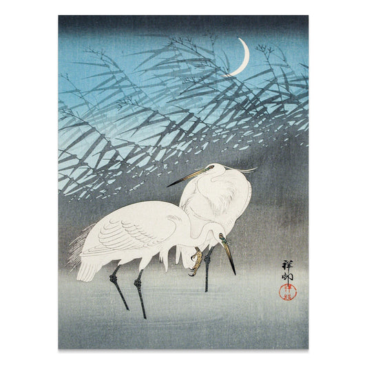Premium Poster of Elegant Japanese Crane Crescent Moon Art Posters