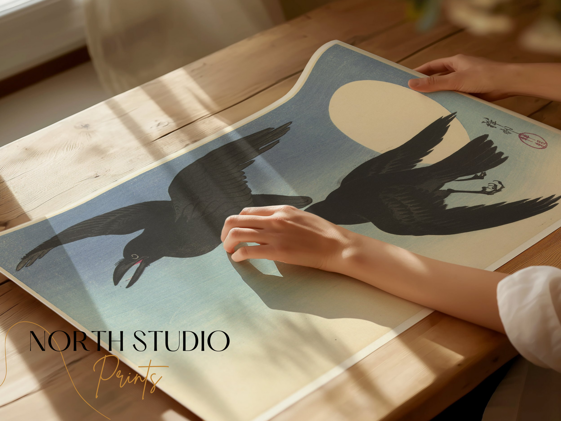 Premium Poster of Elegant Japanese Crow Art with Moon Posters