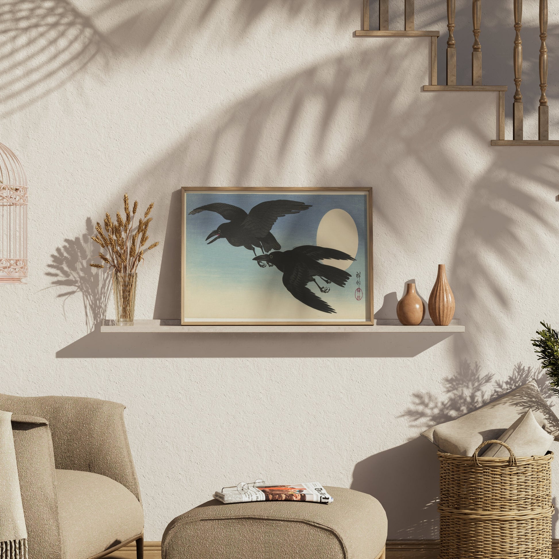 Premium Poster of Elegant Japanese Crow Art with Moon Posters