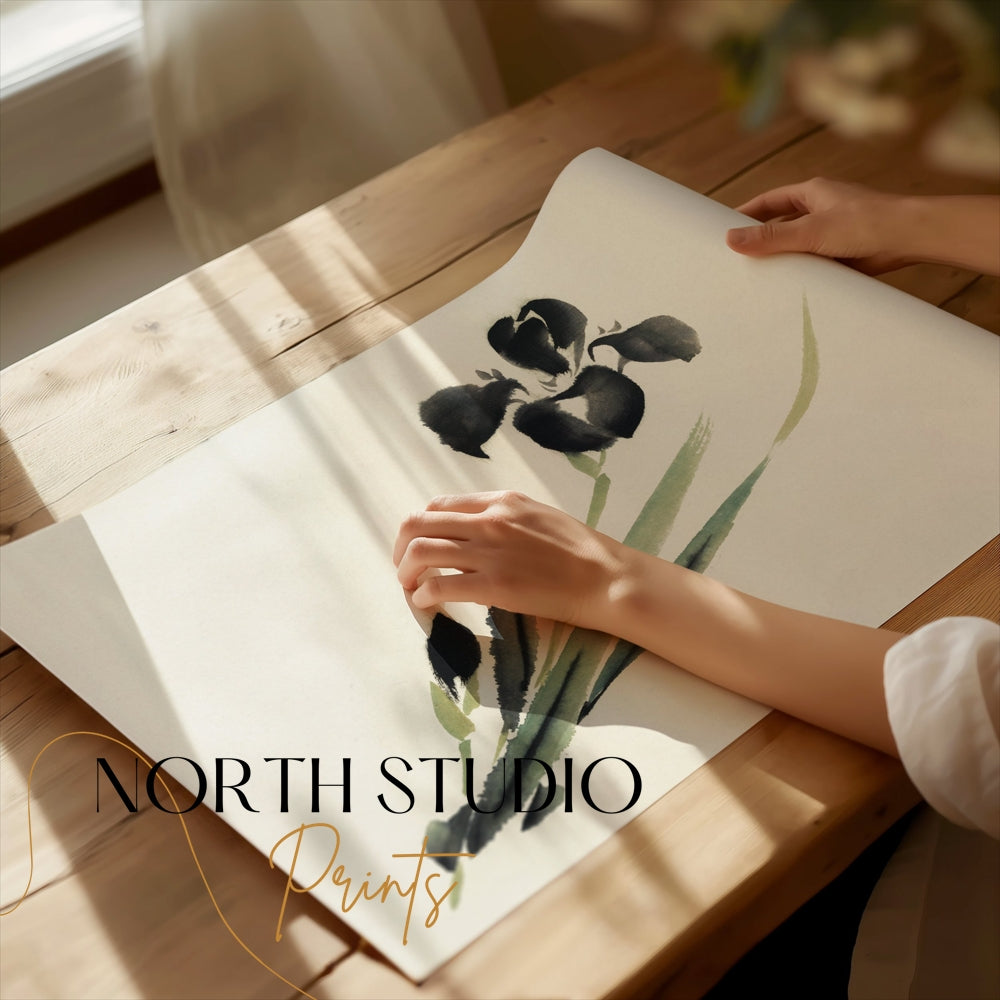 Premium Poster of Elegant Japanese Ink Painting of Iris Floral Art Posters