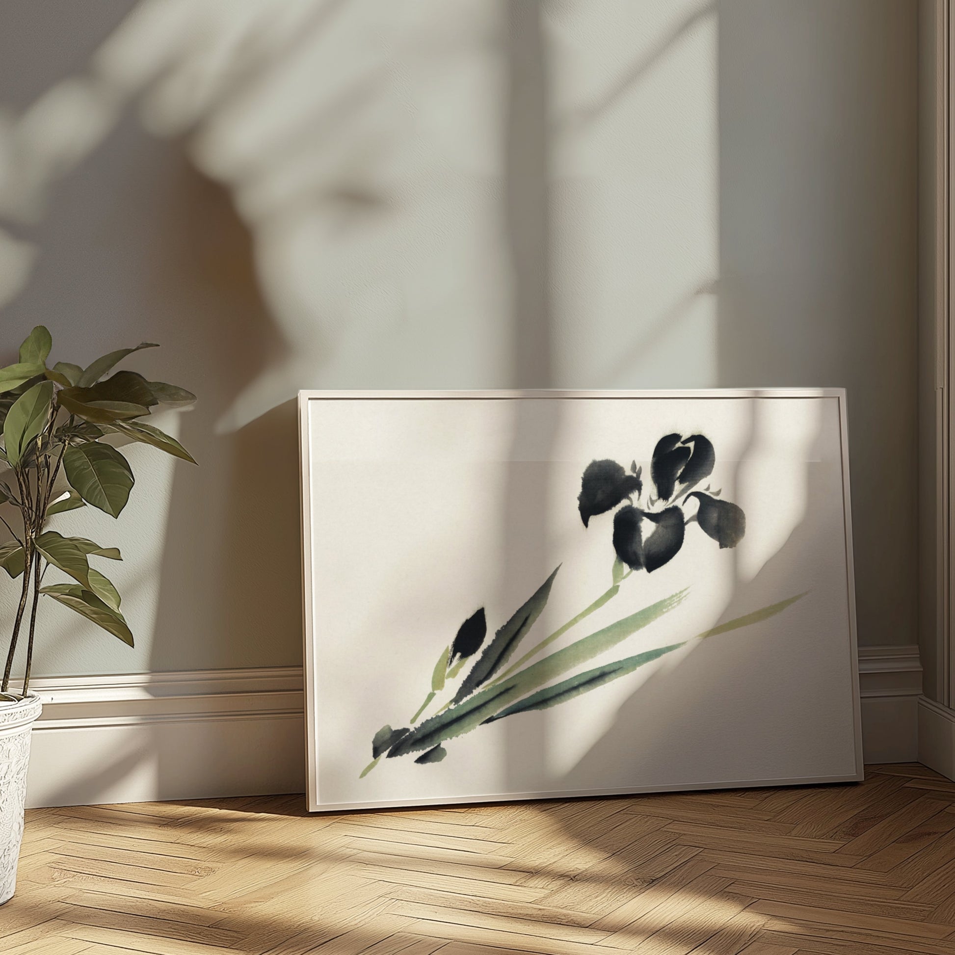 Premium Poster of Elegant Japanese Ink Painting of Iris Floral Art Posters