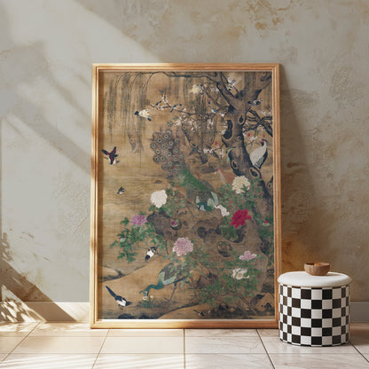 Premium Poster of Elegant Japanese Peacocks Blossoms and Birds Art Posters
