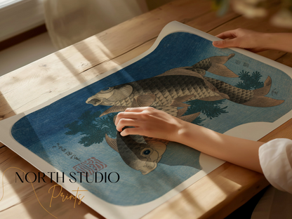 Premium Poster of Elegant Japanese Style Koi Fish Swimming In Blue Posters