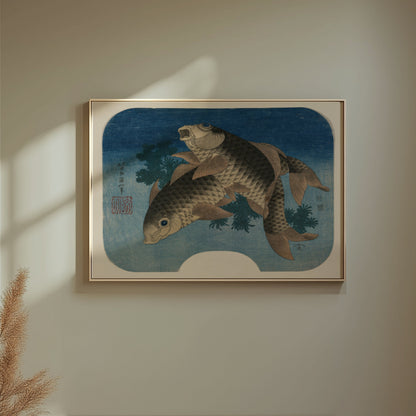 Premium Poster of Elegant Japanese Style Koi Fish Swimming In Blue Posters