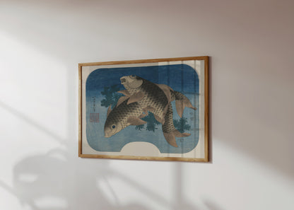 Premium Poster of Elegant Japanese Style Koi Fish Swimming In Blue Posters