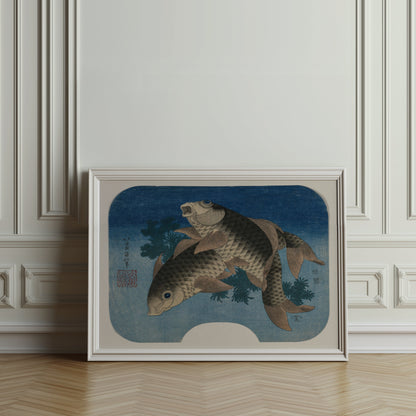 Premium Poster of Elegant Japanese Style Koi Fish Swimming In Blue Posters