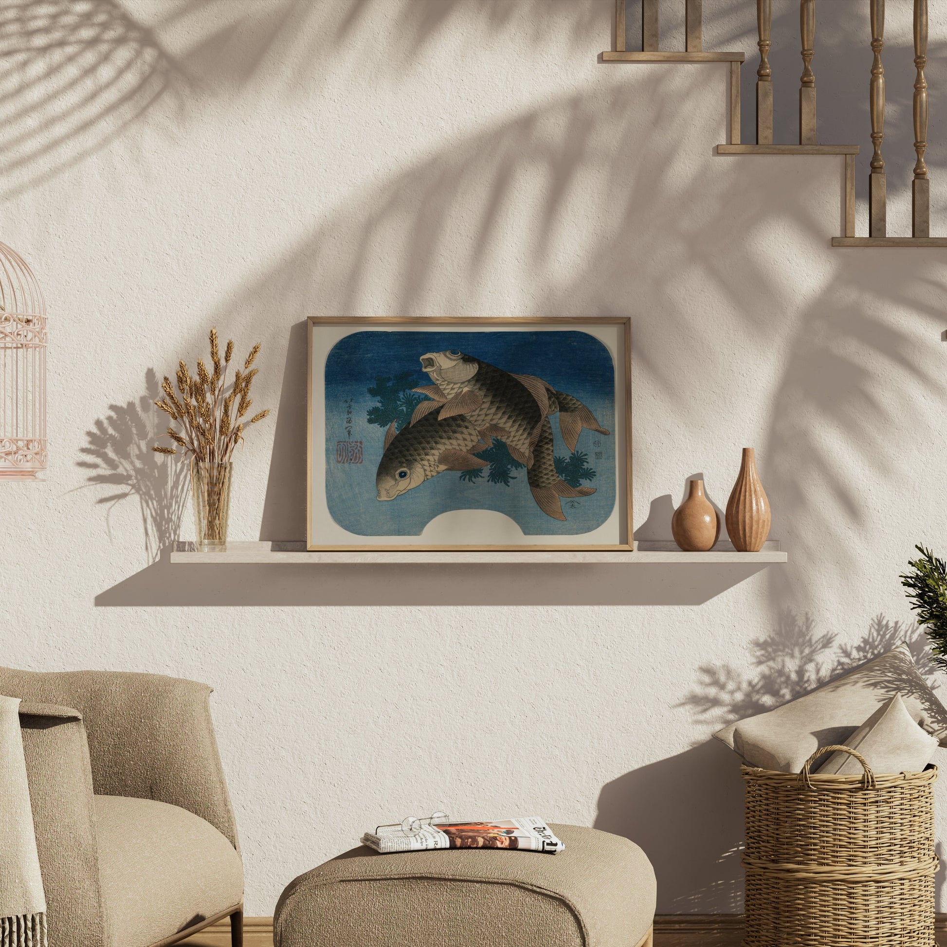 Premium Poster of Elegant Japanese Style Koi Fish Swimming In Blue Posters