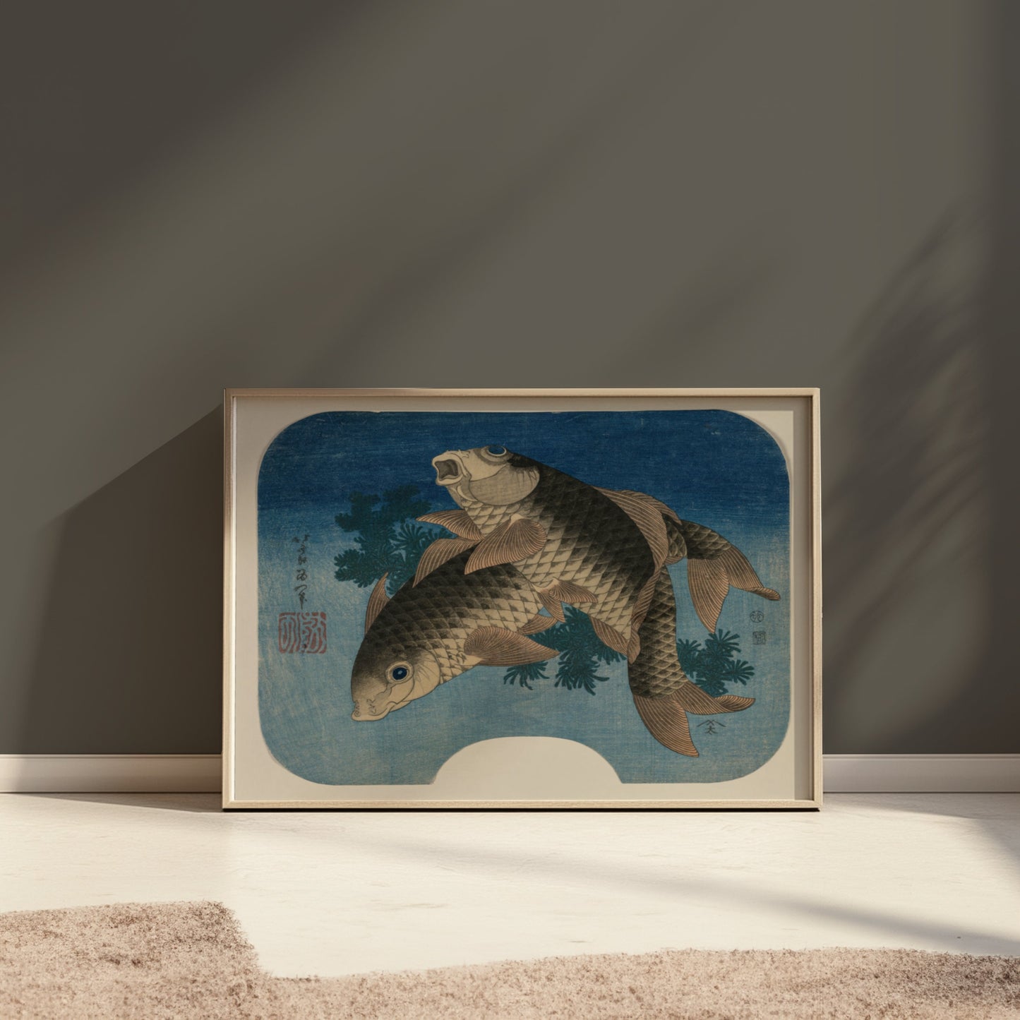 Premium Poster of Elegant Japanese Style Koi Fish Swimming In Blue Posters