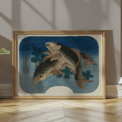 Premium Poster of Elegant Japanese Style Koi Fish Swimming In Blue Posters