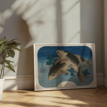 Premium Poster of Elegant Japanese Style Koi Fish Swimming In Blue Posters