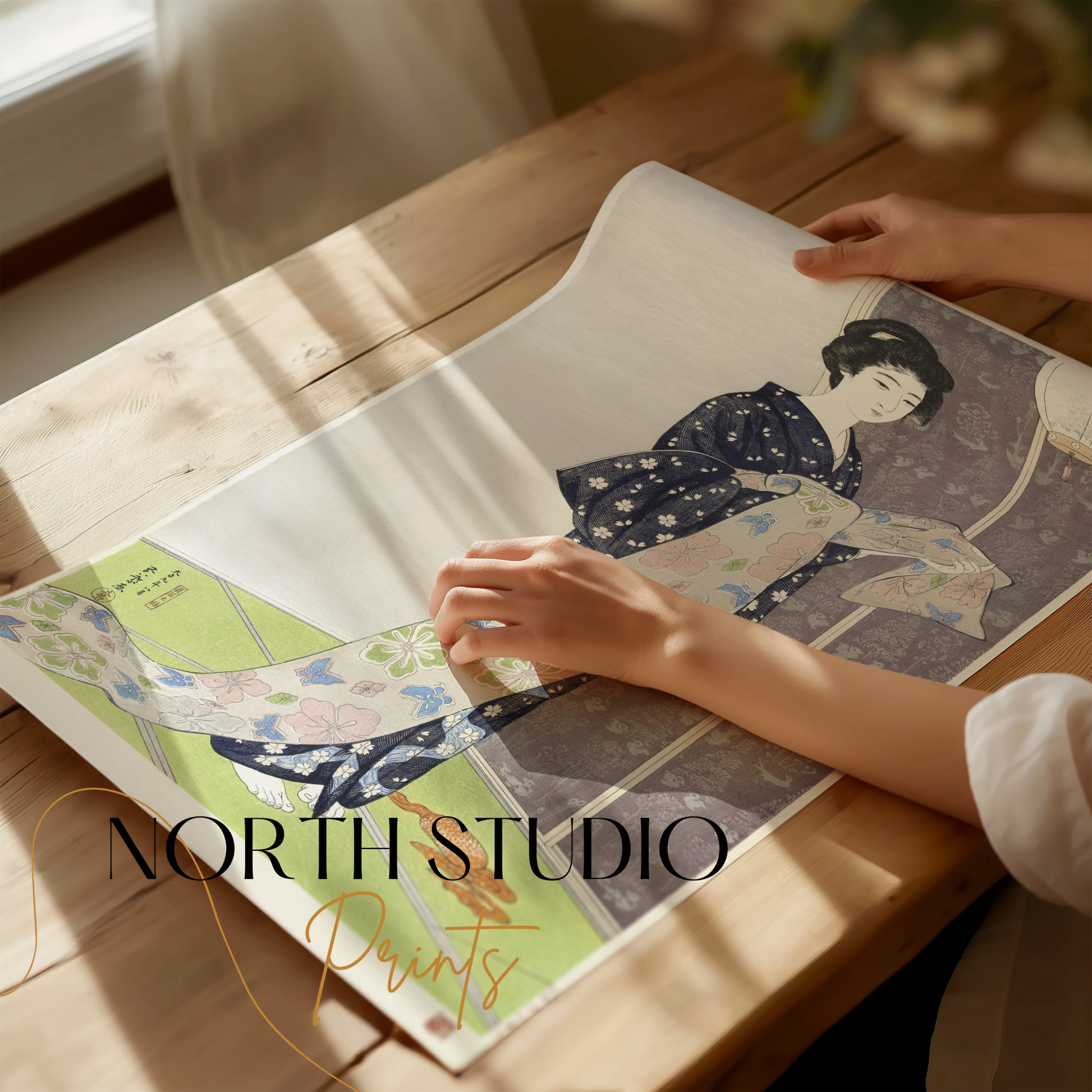 Premium Poster of Elegant Kimono Clad Woman with Floral Print Posters