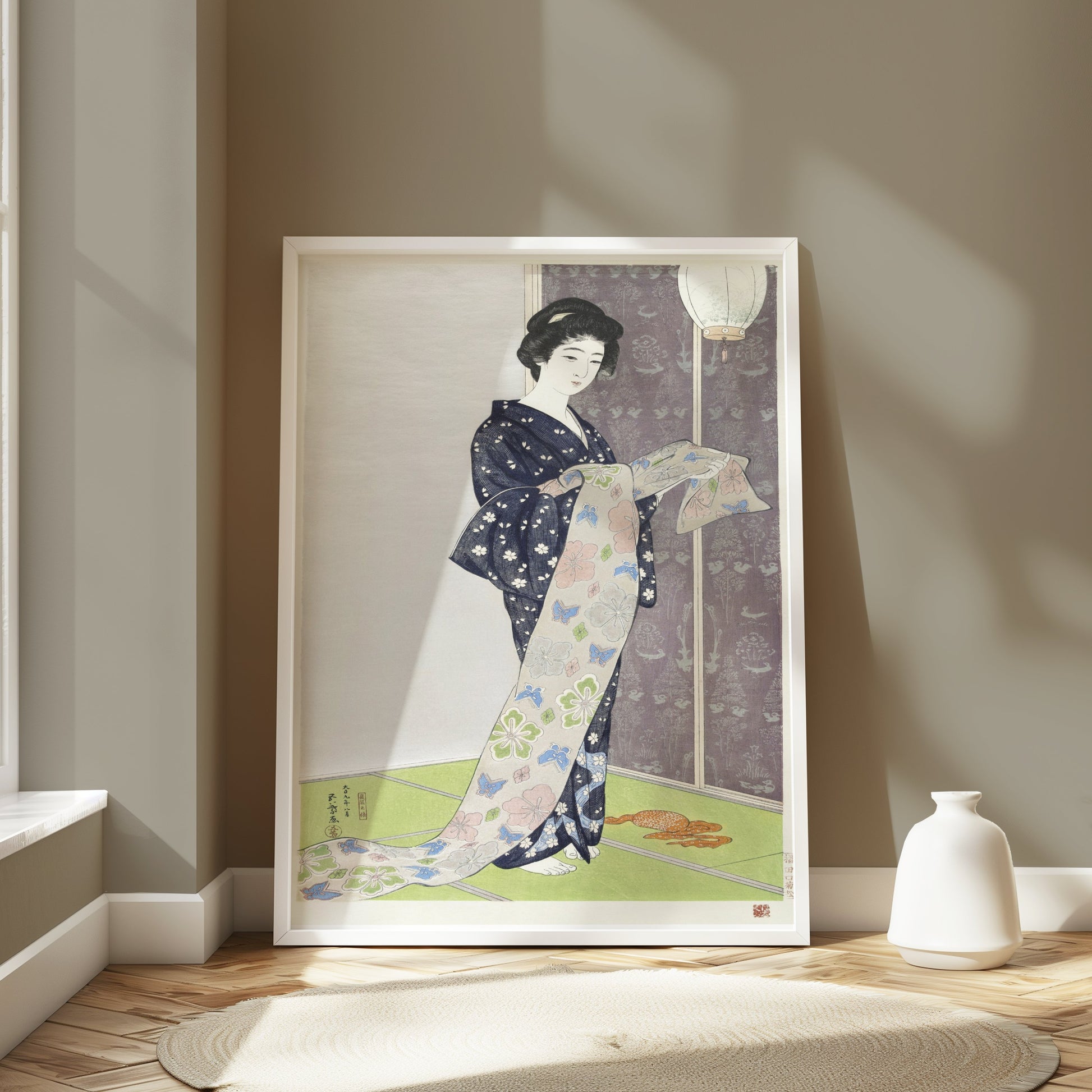 Premium Poster of Elegant Kimono Clad Woman with Floral Print Posters