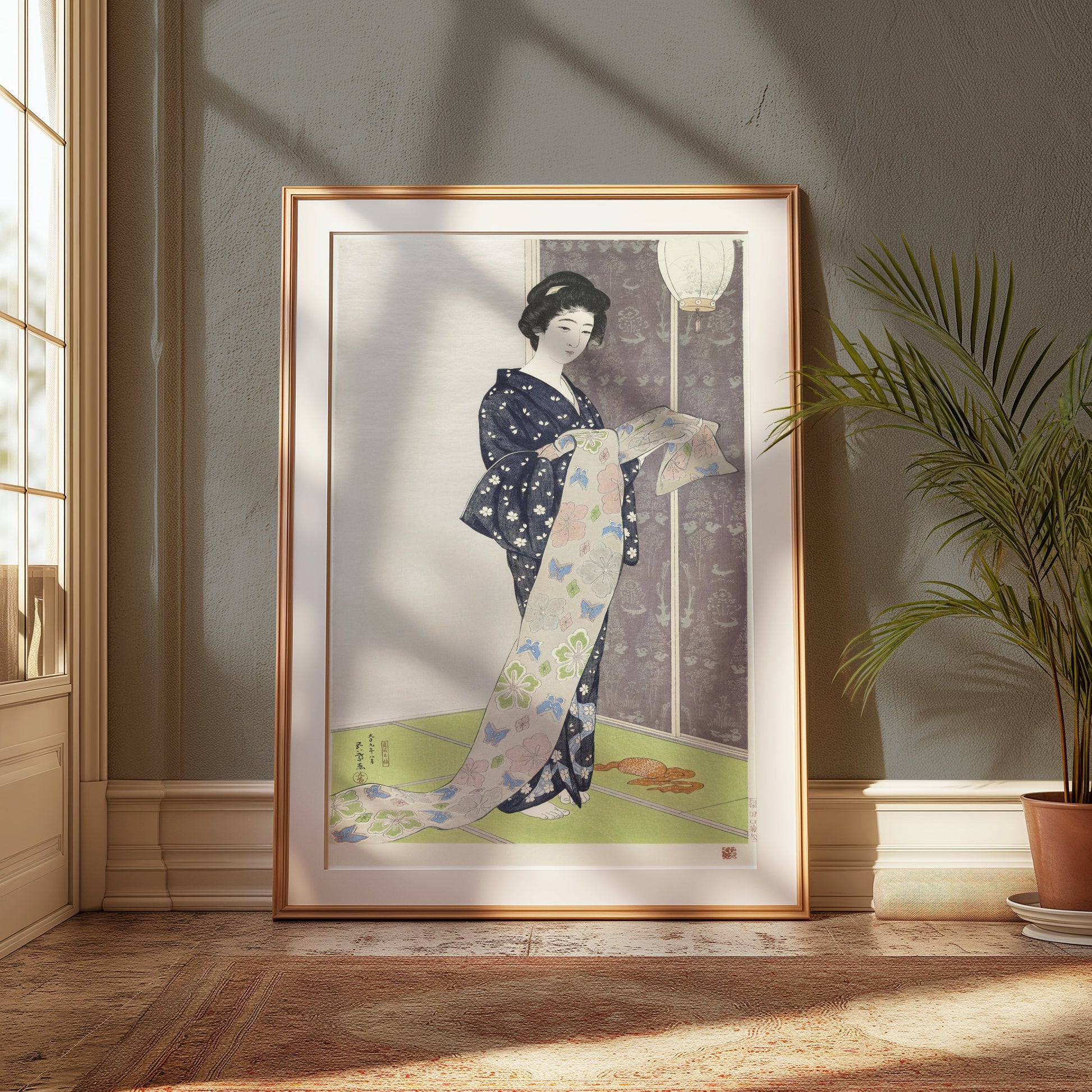 Premium Poster of Elegant Kimono Clad Woman with Floral Print Posters