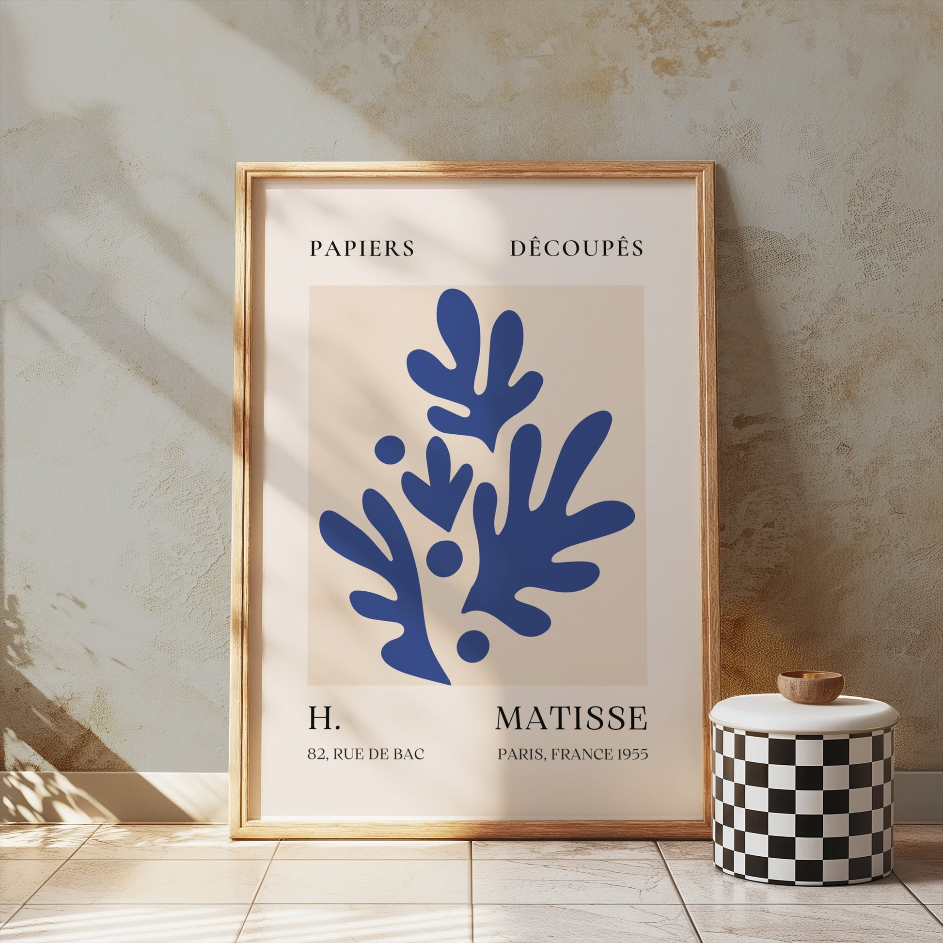 Matisse-inspired decorative poster in a wooden frame, displayed on a textured wall with soft lighting and minimalist decor.