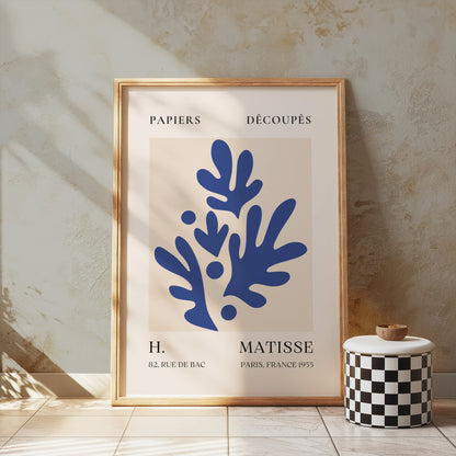 Matisse-inspired decorative poster in a wooden frame, displayed on a textured wall with soft lighting and minimalist decor.